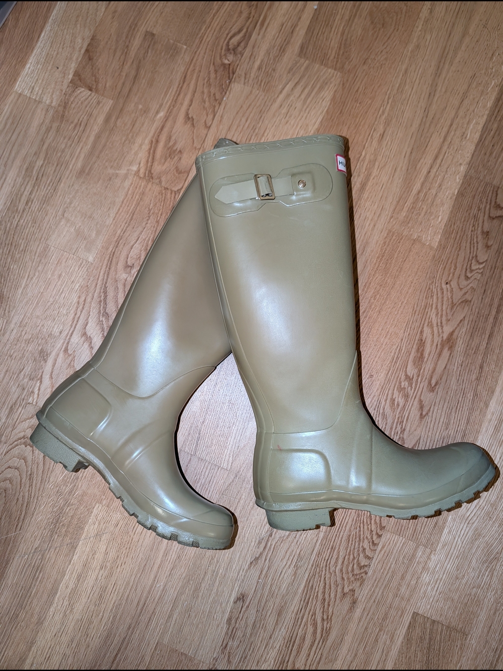 Hunter Tan Knee-High Rubber Rain Boots with Red Logo Trim